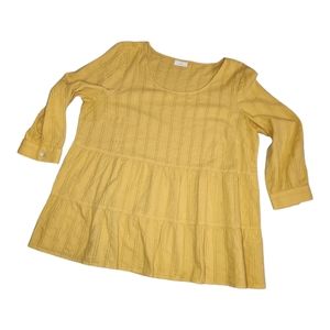 J. Jill Peplum Tiered Babydoll Woven Textured Mustard Yellow Blouse Size Large?